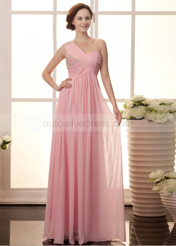 Pink Chiffon Beads One Shoulder Long Prom Dress
